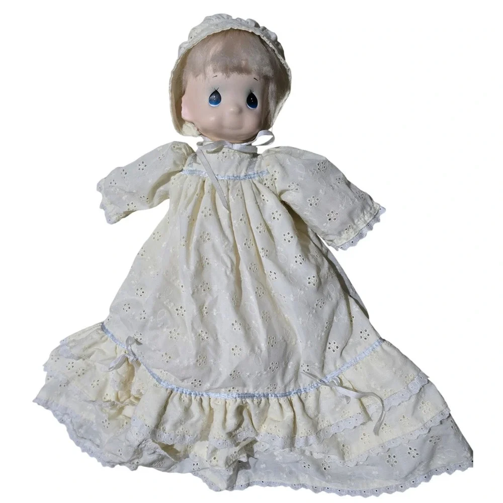Vintage Precious Moments Jenny Soft Doll Eyelet Gown and Bonnet BLUE Christening